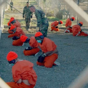 Detainees at Camp X-Ray at Naval Base Guantanamo Bay, Cuba