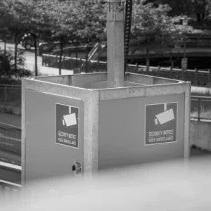Black-and-white image of a public security box with video surveillance warning signs, symbolizing deterrence, monitoring, and situational crime prevention in rational choice theory.