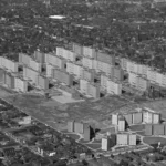 Defensible Space Theory (Oscar Newman) Historic aerial view of the Pruitt-Igoe housing project in St. Louis, illustrating large modernist apartment blocks associated with Oscar Newman’s Defensible Space Theory